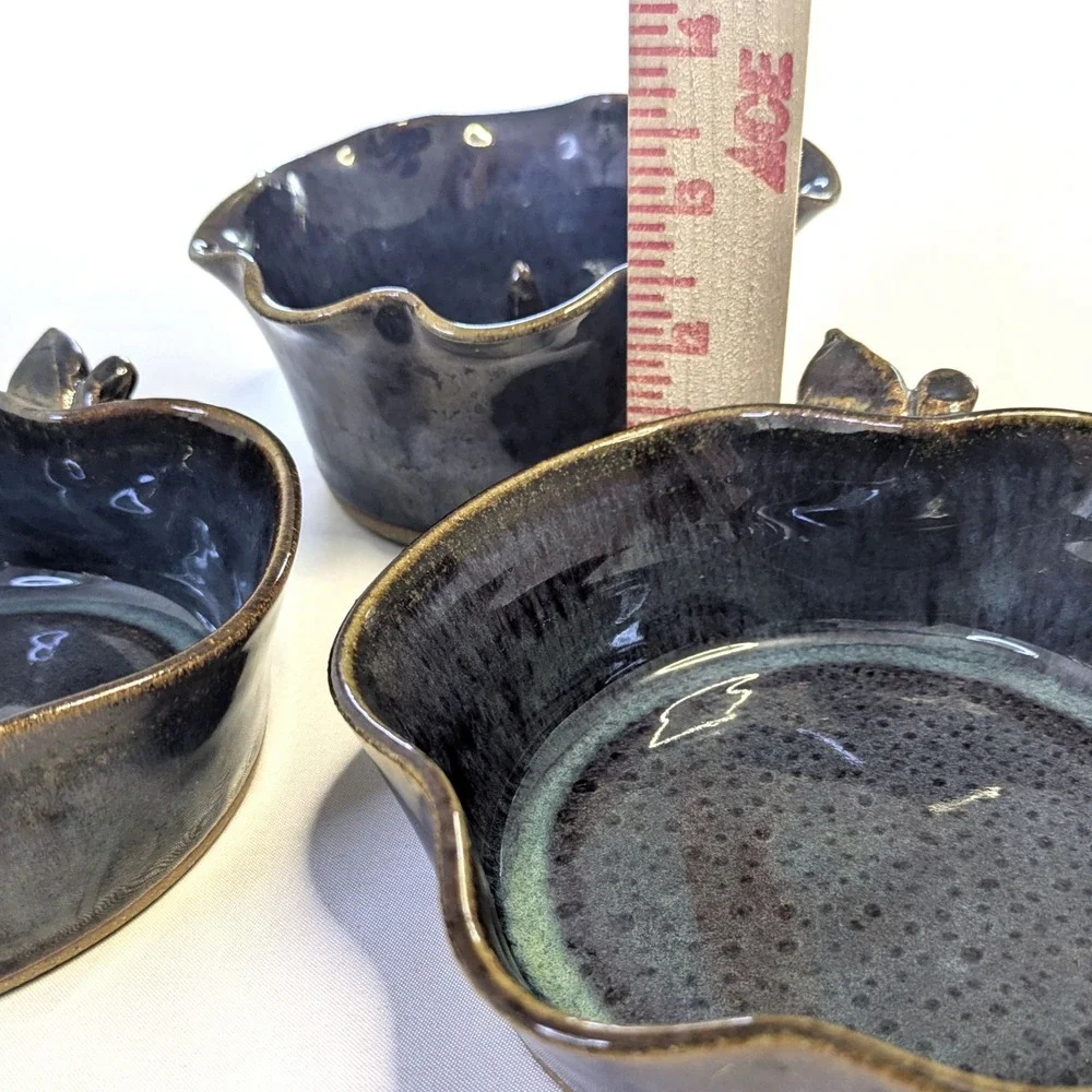 Sandra O'Quinn Studio Pottery Set 3 Apple Bowls & Baker Midnight Glaze Signed